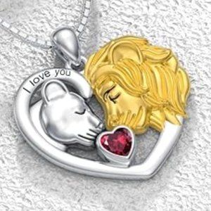 Silver Lion Heart Couple Necklace Set